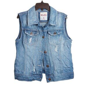 Mudd Denim Vest Womens Medium Distressed Retro Trucker 100% Cotton Medium Wash